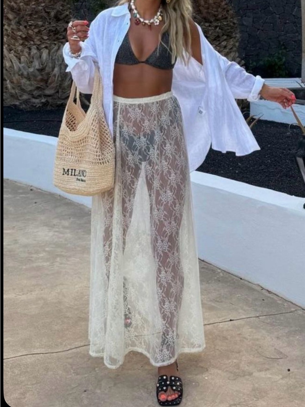 Sheer Lace Maxi Skirt - White